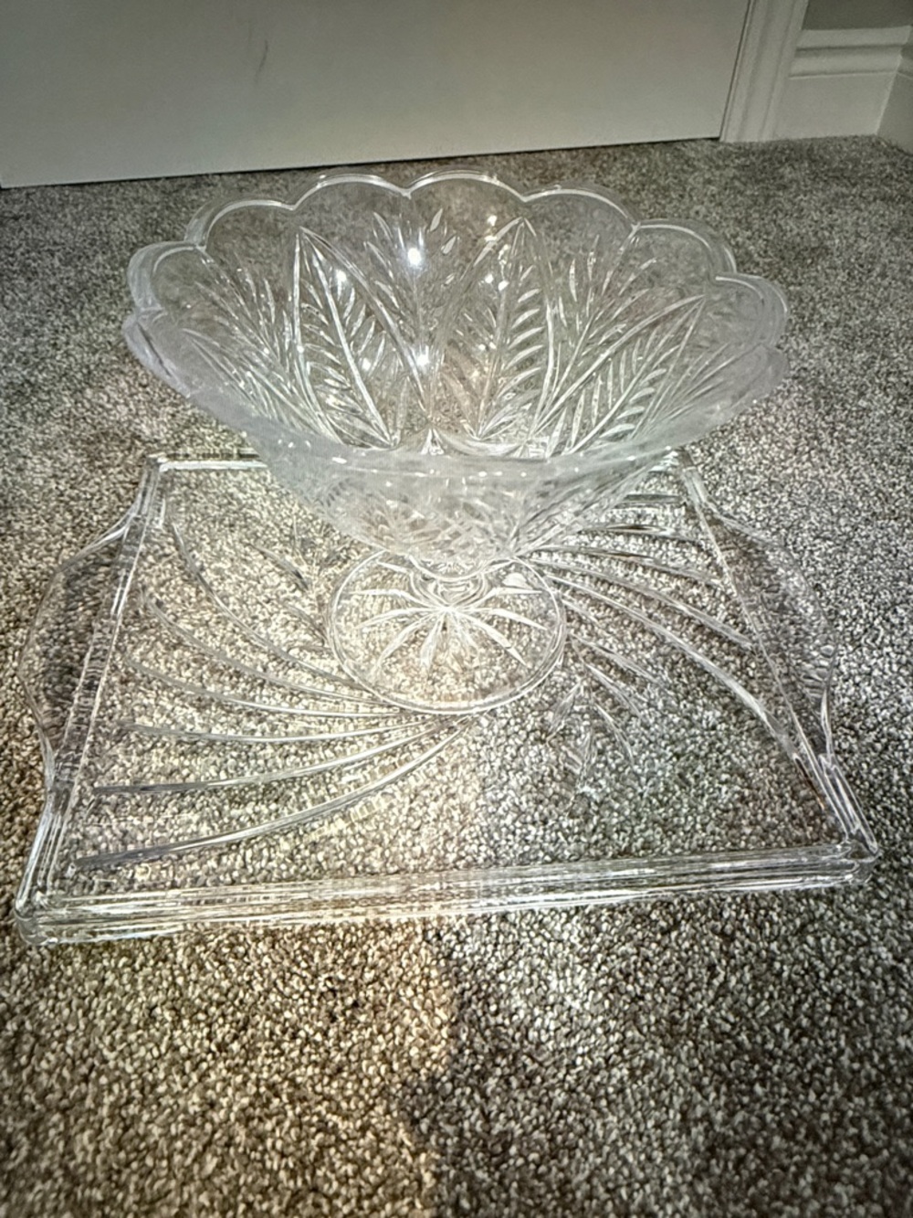 Pressed Glass Pedestal Bowl with Matching Tray - Clear